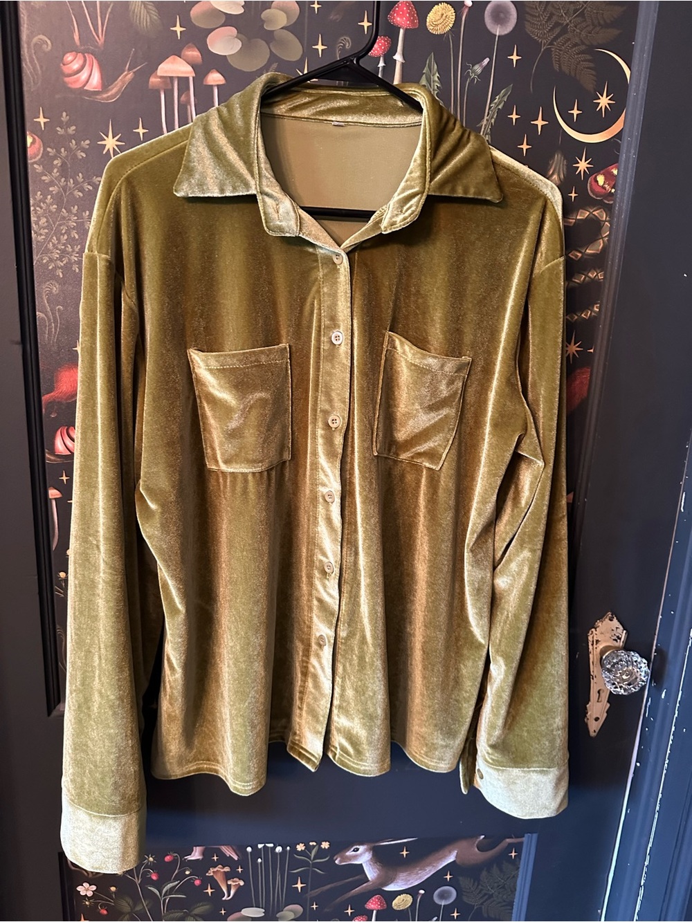 Olive Green Velvet Button-Up Blouse
